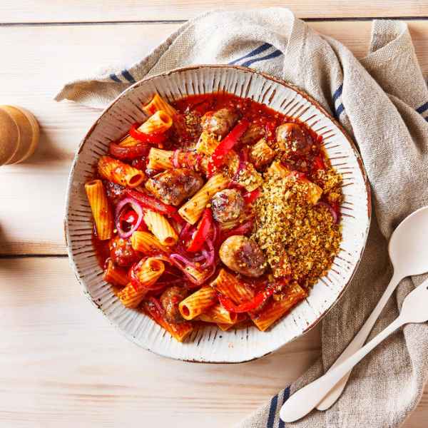 Spicy Sausage Pasta with Garlic Crumb
